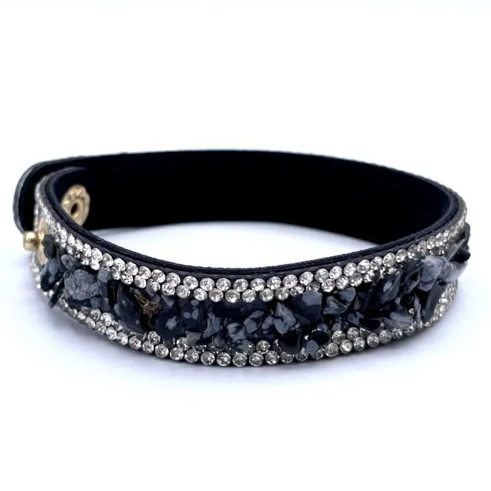 Black Faux Leather with Crystal and Chip Boho Adjustable Bracelet
